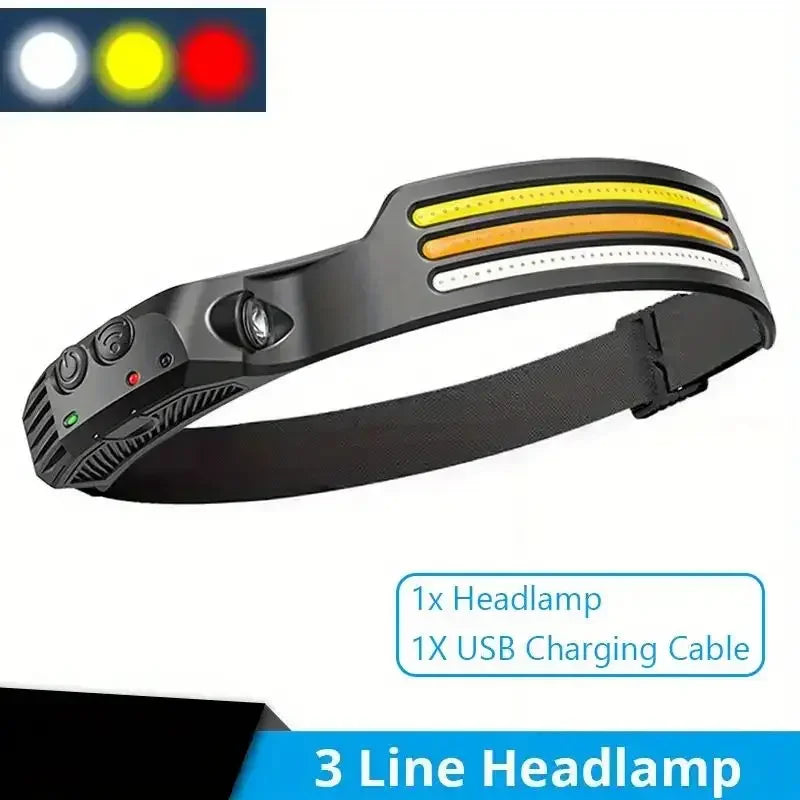 Multi-functional COB Headlamp Induction 6000K LED Bar Head Torch Work Light 5 Modes Rechargeable for Climbing Running Cycling