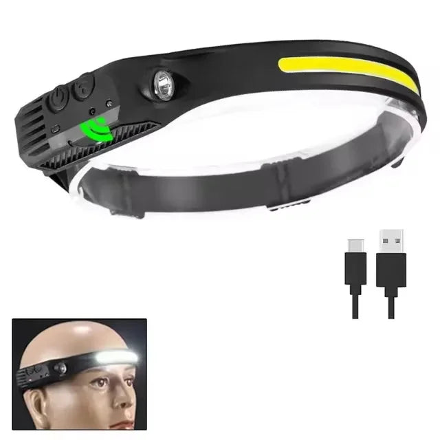 Multi-functional COB Headlamp Induction 6000K LED Bar Head Torch Work Light 5 Modes Rechargeable for Climbing Running Cycling