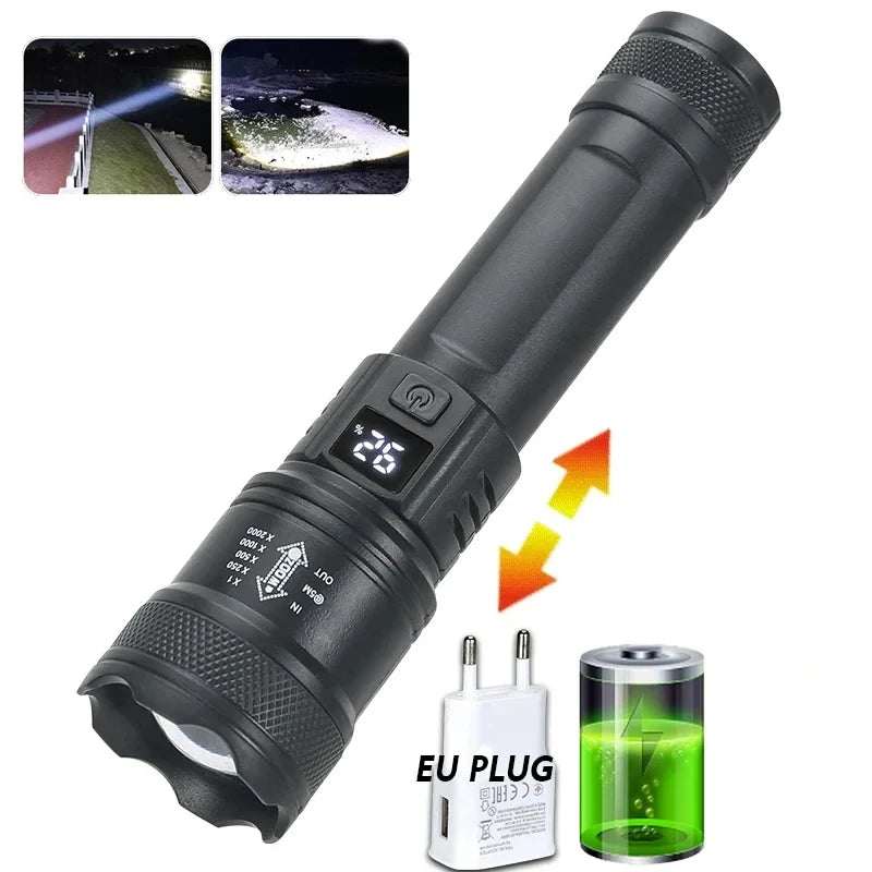 9900LM Powerful LED Flashlight Battery Display USB Rechargeable Light Telescopic Zoom Torch Lamp Outdoor Camping Fishing Lantern