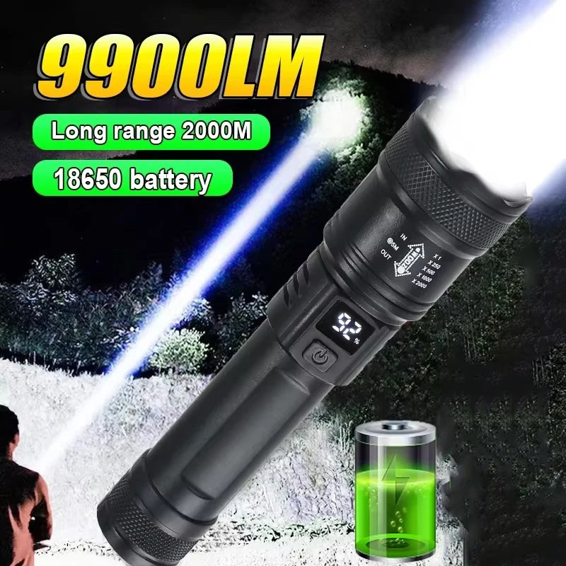 9900LM Powerful LED Flashlight Battery Display USB Rechargeable Light Telescopic Zoom Torch Lamp Outdoor Camping Fishing Lantern
